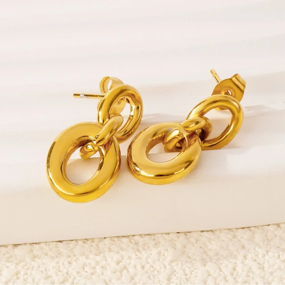 18K Gold Double Hoop Drop Earrings*Everyday Earrings*Waterproof and Tarnish Free - Picture 6 of 7